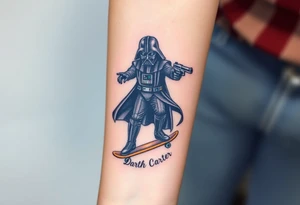 Darth Vader skateboarding with gun> bullets > memorial > god > colors > futuristic/space/star wars
add name "Darth Carter" on skateboard
add date 12/29/88-01/06/24 tattoo idea