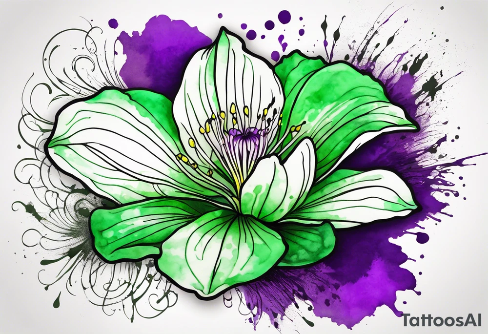 An outline of a green rio dipladenia flower and a green and purple watercolor splash in the background tattoo idea