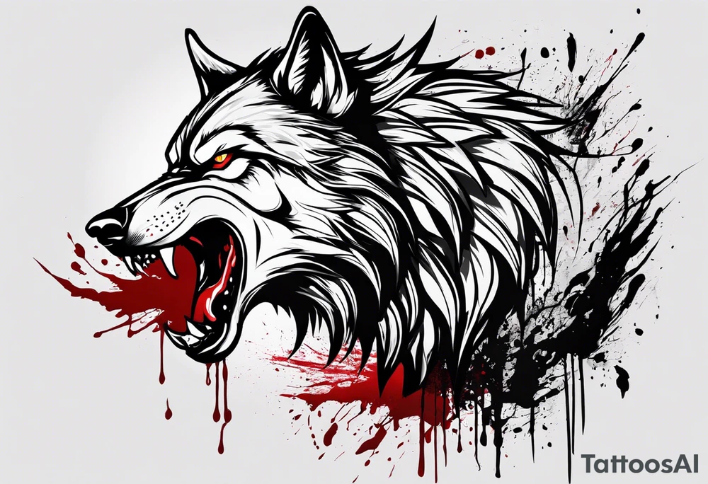 Create aggressive WOLF, with some blood coming out of his mouth and saliva. BLOOD IN THE BACKGROUND. Make it a drawing and use the image of reference. I am going to add. I want HIM TO BE ANGRY WITH RED EYES use VICIOUS WOLF THATS ANGRY tattoo idea
