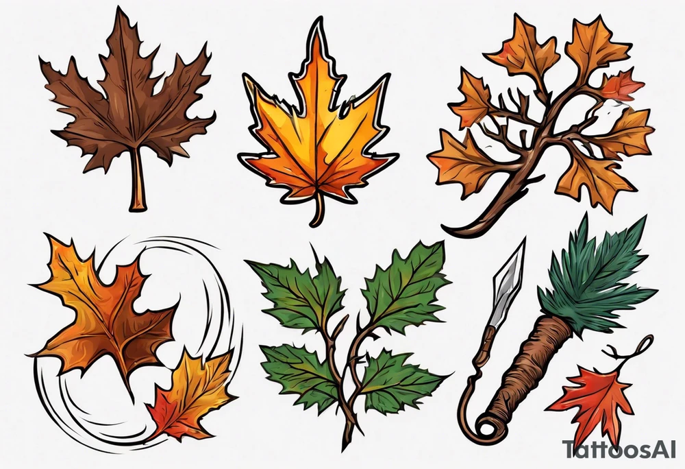 A druid sickle with a oak leaf in the spring, a birch leaf in the summer, a maple leaf with fall colors, and a pine leaf in the winter tattoo idea