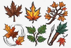 A druid sickle with a oak leaf in the spring, a birch leaf in the summer, a maple leaf with fall colors, and a pine leaf in the winter tattoo idea