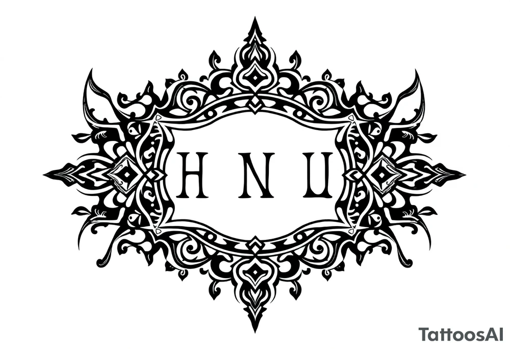 long ornament shaman style mytical with ancient rhyme letters tattoo idea