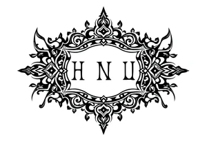 long ornament shaman style mytical with ancient rhyme letters tattoo idea