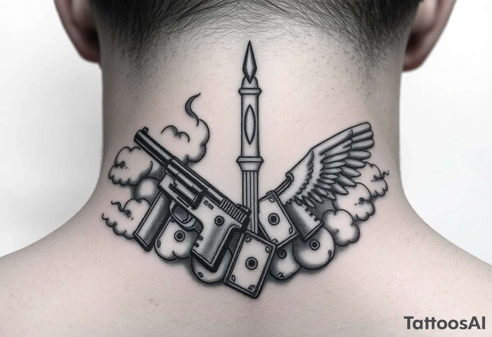 deepfull description of details with clouds,fire guns, money,angels tattoo idea