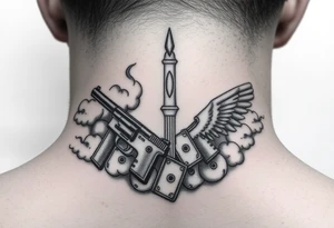 deepfull description of details with clouds,fire guns, money,angels tattoo idea