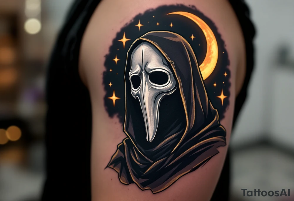 Plague Doctor with Moon & Stars – A celestial-inspired design, where the plaue doctor with tipical mask stands under a crescent moon with glowing silver stars. The mask is midnight black, reflecting the cold silver tones of the night. tattoo idea