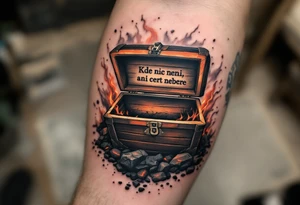 "Kde nic neni, ani cert nebere." — An empty treasure chest surrounded by scorched earth in black and rust tones, the quote carved into its lid. tattoo idea