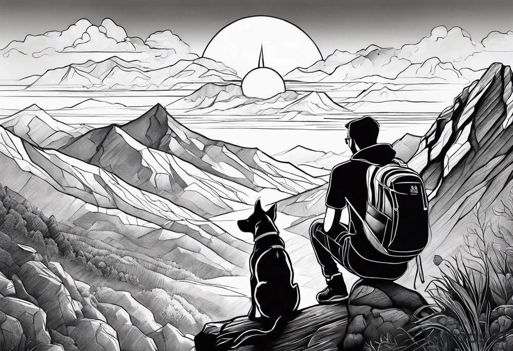 nature, sunset, mountains, a father and son hiking with their dog and cat and a cross tattoo idea