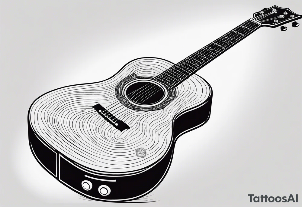 A minimalist guitar design, small in size, with clean lines and vintage detailing. The guitar represents a deep connection to music, with a classic, understated design that captures its essence without embellishments. tattoo idea