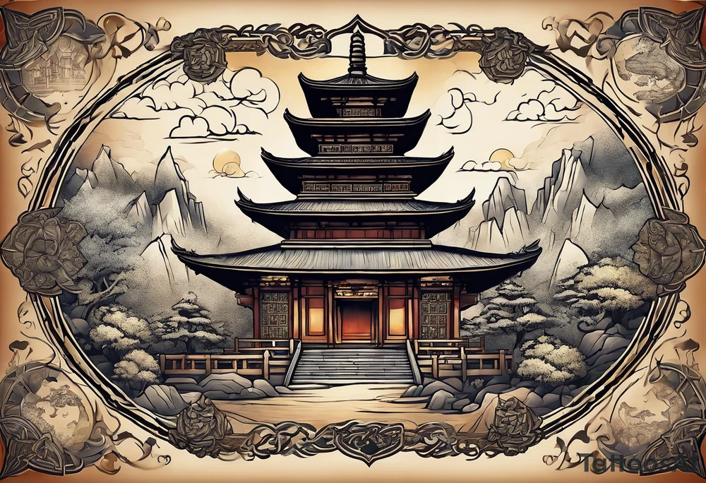 a old world map as the background with a small Buddhist temple at the bottom for the back of a forearm tattoo idea