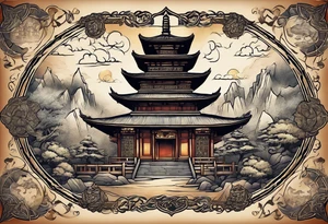 a old world map as the background with a small Buddhist temple at the bottom for the back of a forearm tattoo idea