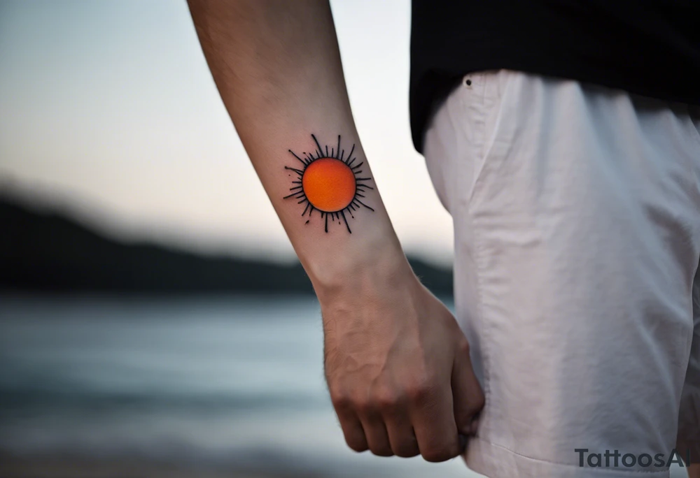 This is an extremely simple and minimalistic tattoo on male forearm. It is black and white with minuscule splashes of orange from the sun. The tattoo 4 inches wide by 2 inches tall. From the perspective of being on the ocean, Water is calm, with no waves in sight, the sun is setting behind the ocean, reflecting light onto the water. The water has shading. tattoo idea