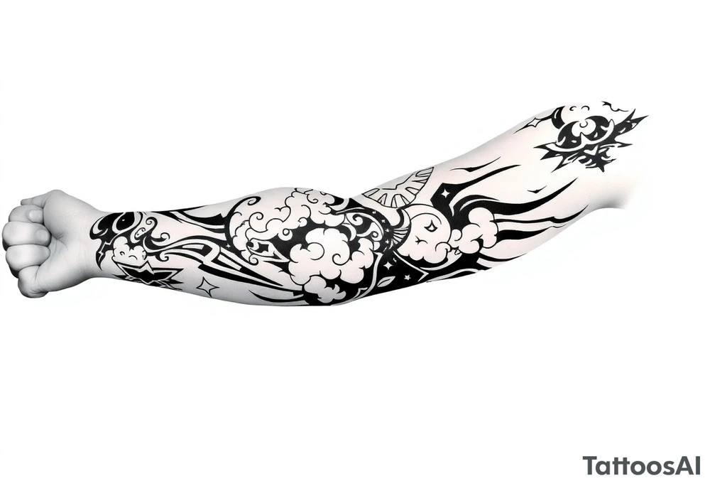 right arm sleeve, clouds and lightning mixed throughout, tattoo idea