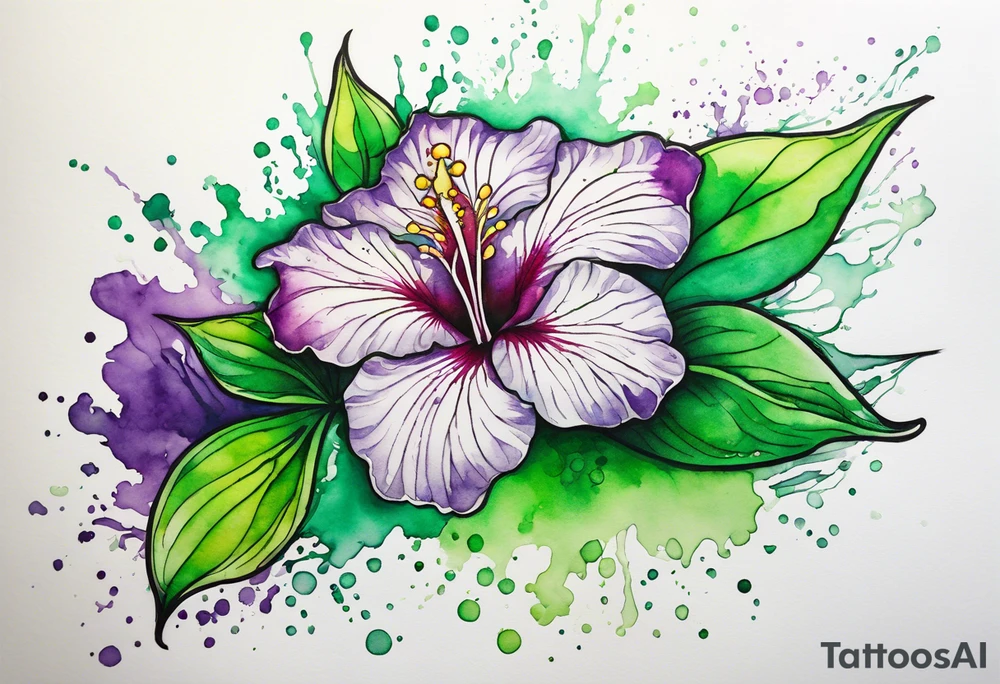An outline of a green rio dipladenia flower and a green/purple watercolor splash in the background tattoo idea