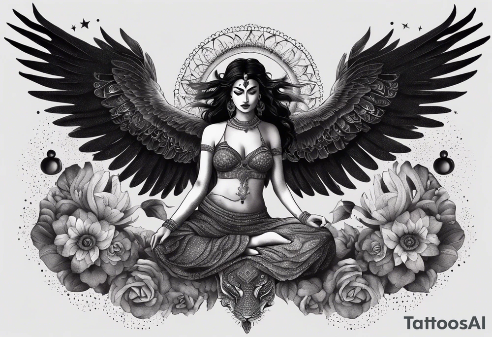 black kali, goddess pirate, alien, angel, pachamama, valkrye, warrior, flying, skull, lotus azul, wing, eagle, zenza resonance, stars, 5D, anahata chakra, death, durga, riding on a tiger, flying lady, kundalini, chest tatoo, samuri, rebel,s erpent tattoo idea