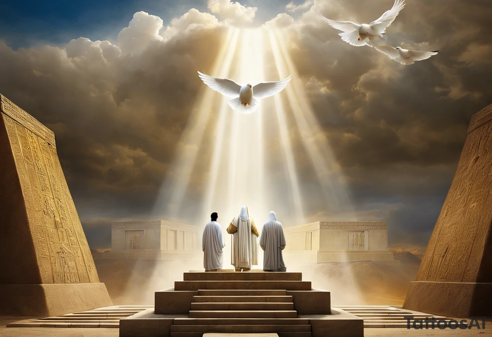 A surreal and dramatic scene featuring two figures: Cyrus the Great and Jesus Christ, standing side by side. The tomb of Cyrus the Great is in the background, partially visible, symbolizing history and legacy. A white dove is flying gracefully above or near them, symbolizing peace. The image is integrated seamlessly to create a powerful and unified visual representation. The composition should evoke a sense of reverence, unity, and tranquility. tattoo idea