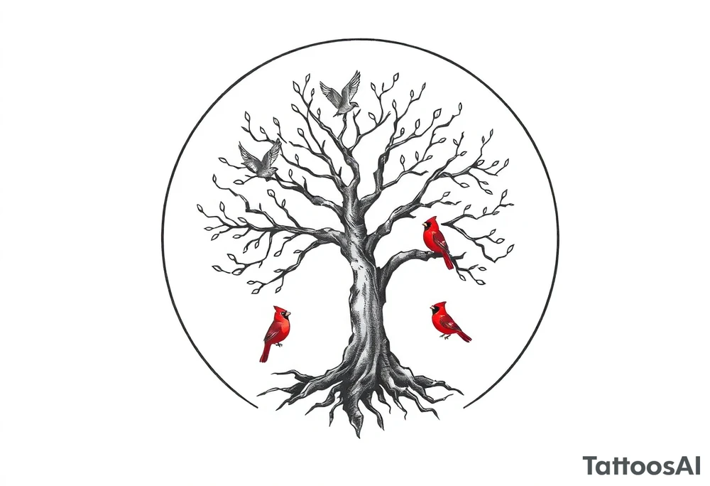 Tree of life in a broken circle with 5 birds flying out and two red cardinals sitting in the tree tattoo idea