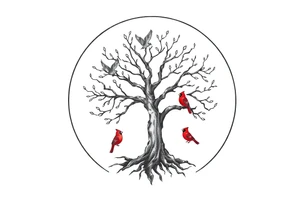 Tree of life in a broken circle with 5 birds flying out and two red cardinals sitting in the tree tattoo idea