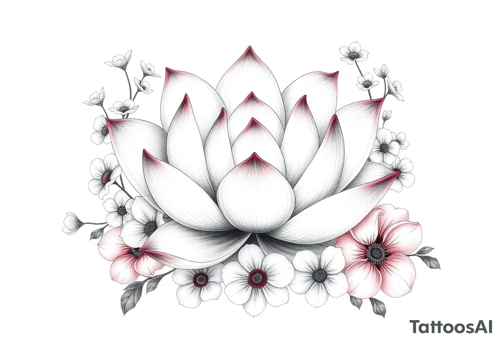 Lotus flower surrounded by forget me nots and peonies tattoo idea