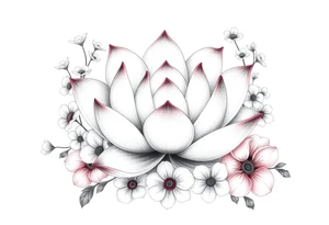 Lotus flower surrounded by forget me nots and peonies tattoo idea
