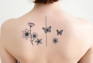 Vertical line down the middle

Water lily, honeysuckle, narcissus, violet and a daisy

Small butterflies tattoo idea