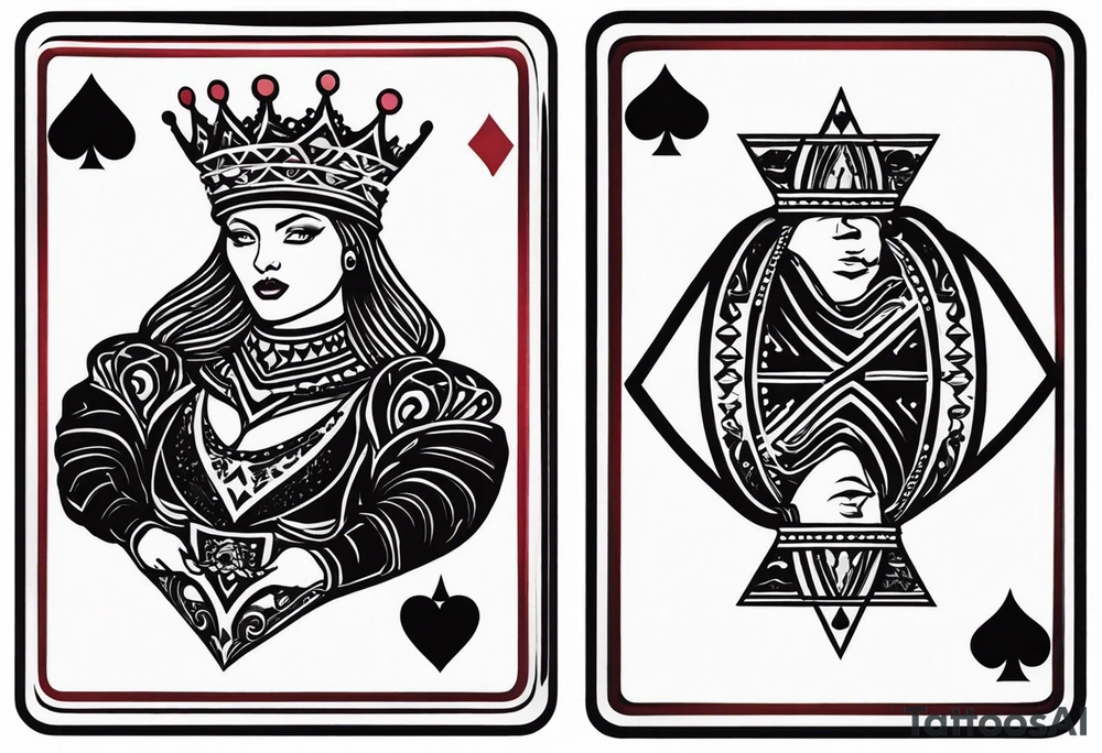 one playing card with both queen of hearts and king of spades in extreme minimalistic style tattoo idea