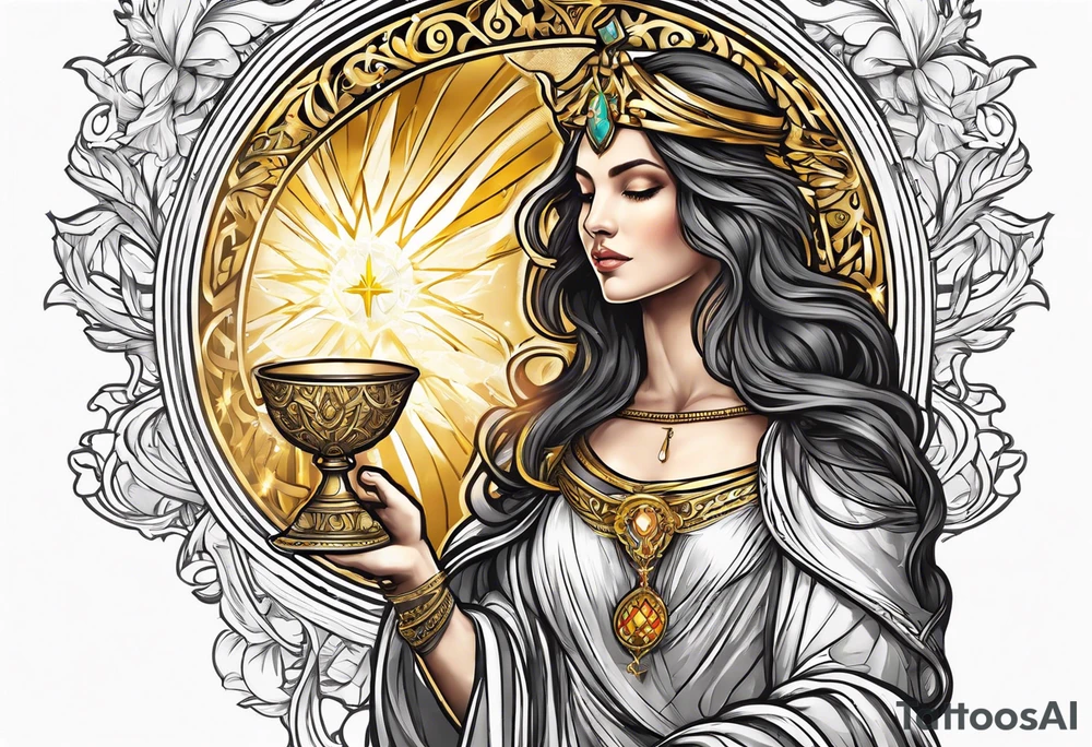 woman saint holding chalice surrounded by golden halo sideways tattoo idea