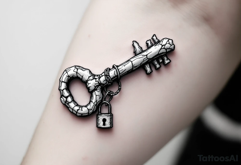Key is carved from a skeletal finger bone and the lock placed next to it. The style is fine line with soft shading in muted gray and bone white, accented with light shadowing and subtle black ink details to give it a haunting yet elegant vibe. tattoo idea