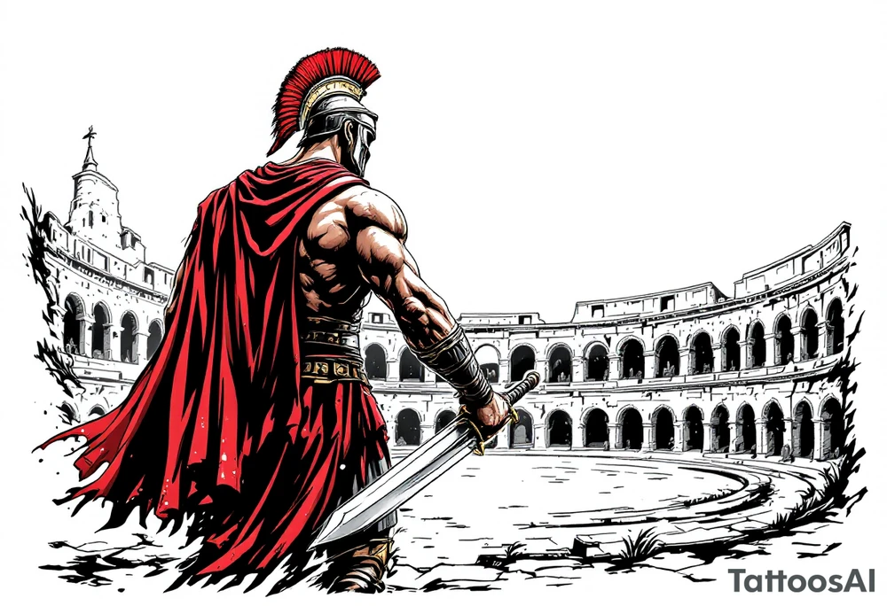 Roman gladiator from behind holding a broadsword in front of the Colliseum arena tattoo idea