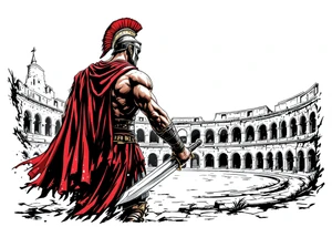 Roman gladiator from behind holding a broadsword in front of the Colliseum arena tattoo idea