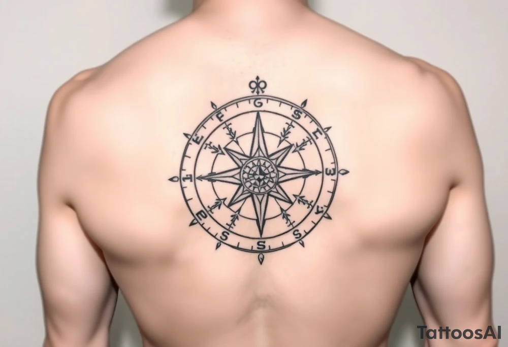 Create a line work Viking compass using symbols for protection, wisdom, and knowledge from both the Aztec and Viking cultures. Make the image very simple and able to print. Outline only not a lot of thick black use elder futhark runes for protection, wisdom and luck. tattoo idea