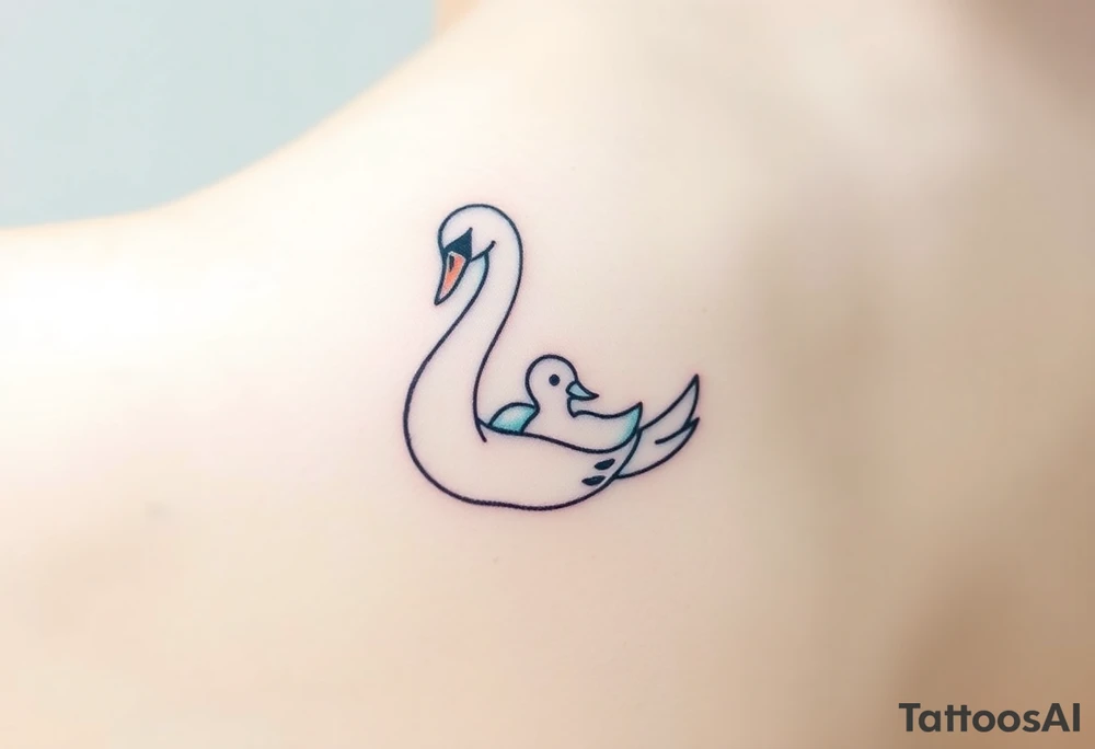 A swan with her baby duck nestled in her wings, in soft white and light blue hues, symbolizing purity and warmth tattoo idea