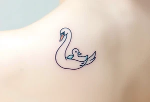 A swan with her baby duck nestled in her wings, in soft white and light blue hues, symbolizing purity and warmth tattoo idea