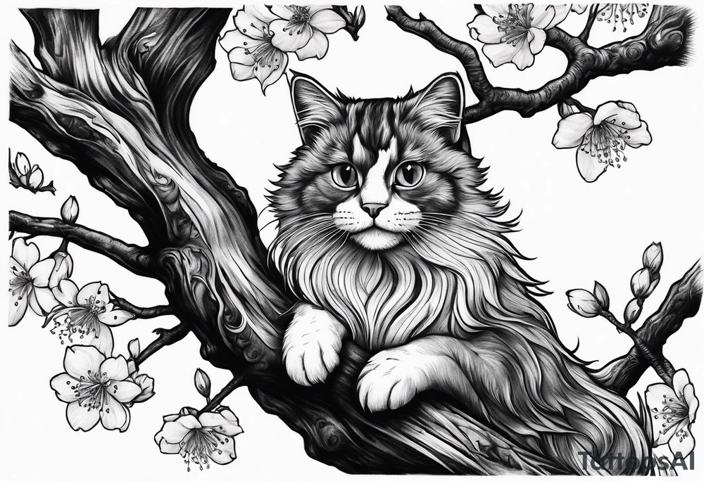 elongated cherry blossom branch meeting with a dying pine tree with hidden cute demon cat tattoo idea