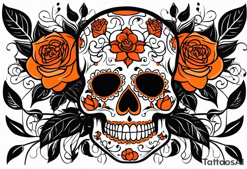 Orange Sugar skull with roses that are orange and red with smoke around it tattoo idea