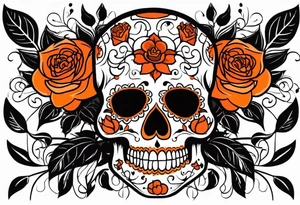 Orange Sugar skull with roses that are orange and red with smoke around it tattoo idea