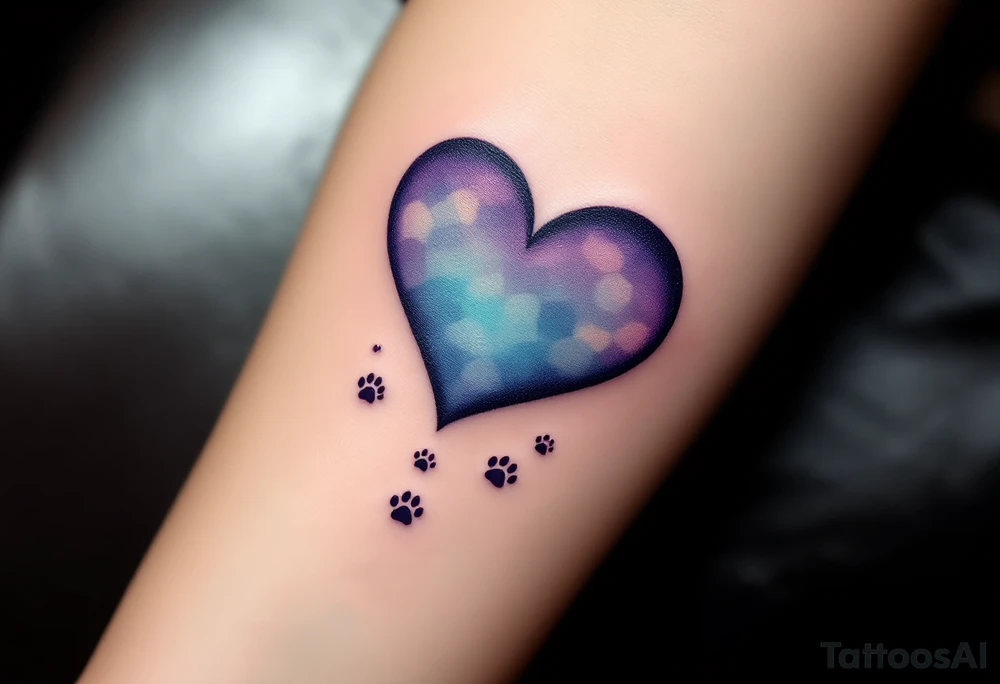 A heart-shaped paw with a subtle gradient of light blues and purples, with tiny paw prints trailing off, representing love’s constant journey and loyalty. tattoo idea