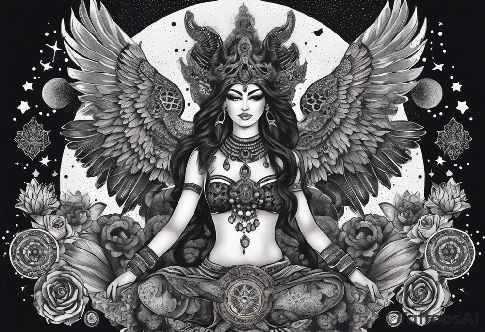 black kali, goddess pirate, alien, angel, pachamama, valkrye, warrior, flying, skull, lotus azul, wing, eagle, zenza resonance, stars, 5D, anahata chakra, death, durga, riding on a tiger, flying lady, kundalini, chest tatoo, samuri, rebel,serpent tattoo idea