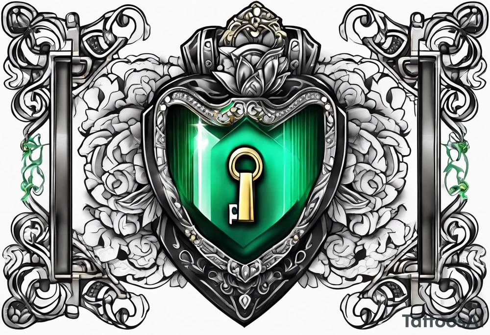 Lock and key with emerald stone tattoo idea