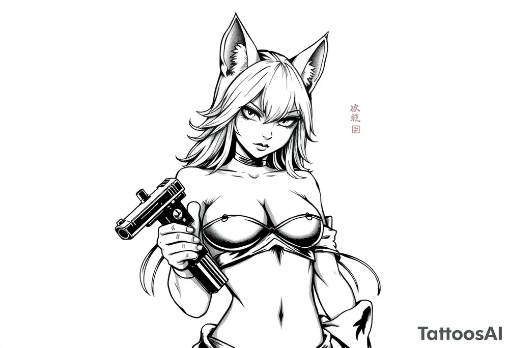 naked catgirl, slut, angry, anime, holding gun tattoo idea