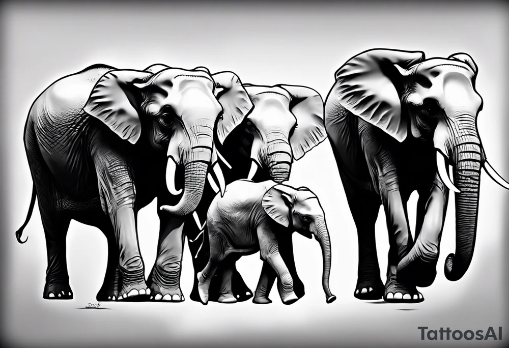 family of 6 elephants walking into sunset tattoo idea