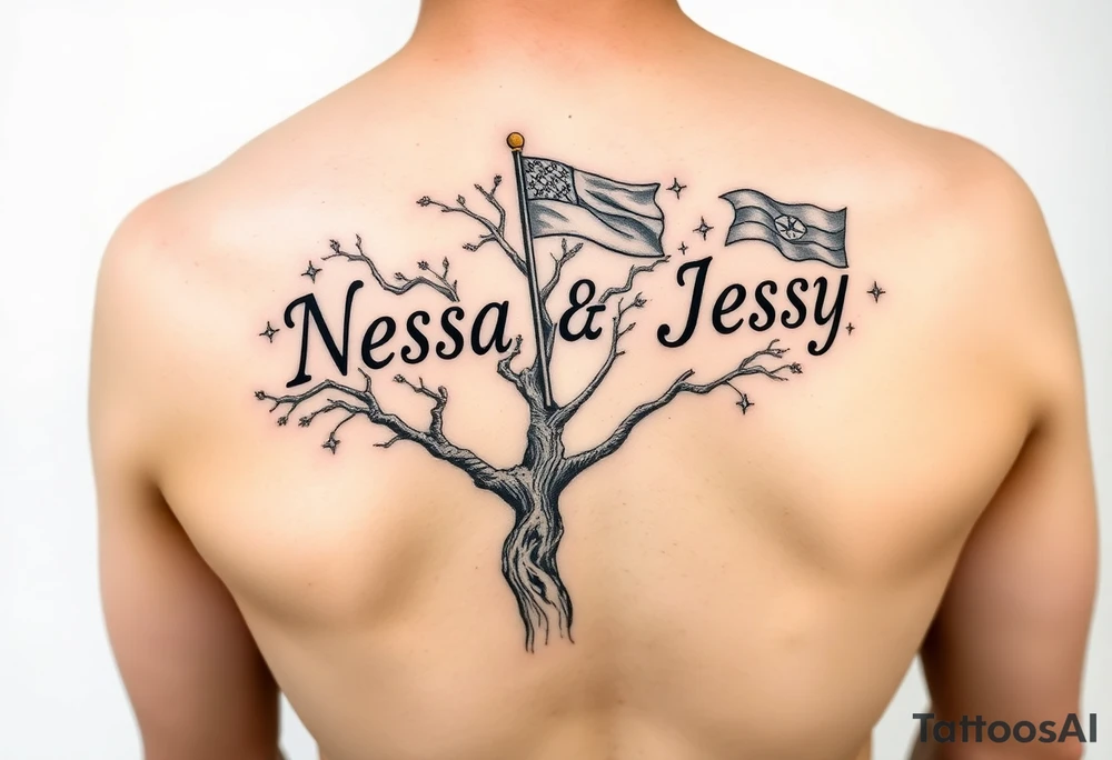 the name Nessa, Anne, Jessy in flags on a live tree tattoo idea