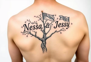 the name Nessa, Anne, Jessy in flags on a live tree tattoo idea
