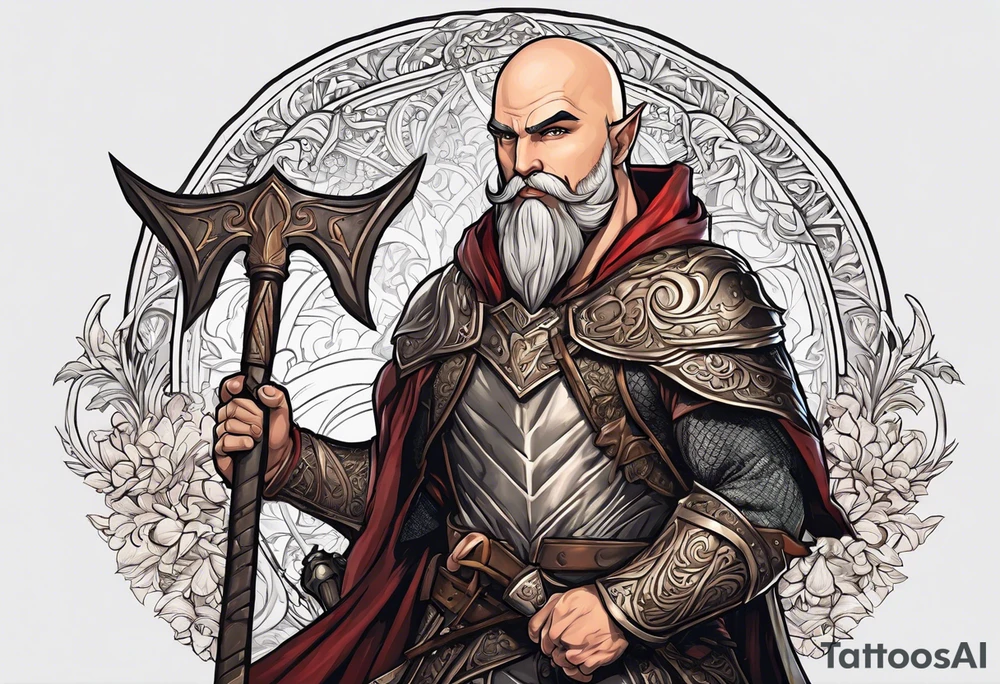 a full-body picture of a 30-year-old, human elf, bearded bald male, paladin, holding a battle axe, tattoo idea