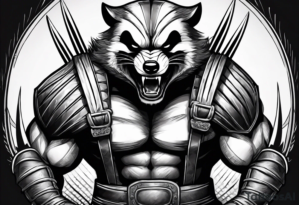 Draw me badger/wolverine with aggressive full body show, killer face with cute smile, very long nails and he attacks like a Turkish gladiator to enemy and also he has very deadly looking tattoo idea