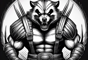 Draw me badger/wolverine with aggressive full body show, killer face with cute smile, very long nails and he attacks like a Turkish gladiator to enemy and also he has very deadly looking tattoo idea