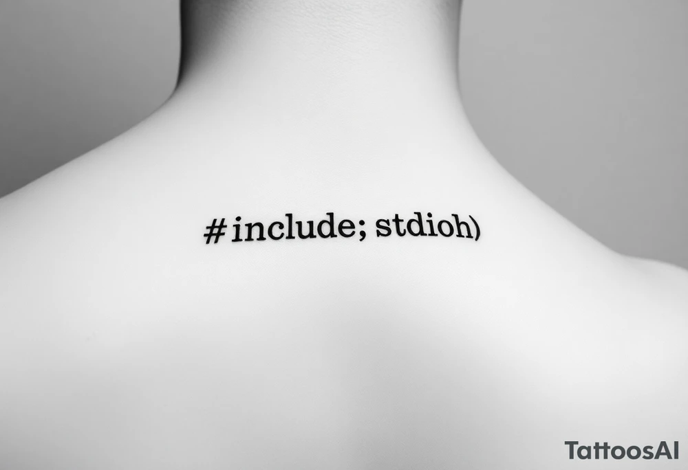 Minimalist black tattoo of the text "#include <stdio.h>" on a human wrist. Clean monospace font (programming style), thin lines, sharp and precise lettering. No colors, only solid black ink. Realistic skin texture, natural wrist curvature, subtle lighting. Simple and elegant composition, no additional elements or decorations. Focus on clarity and readability of the code text. tattoo idea