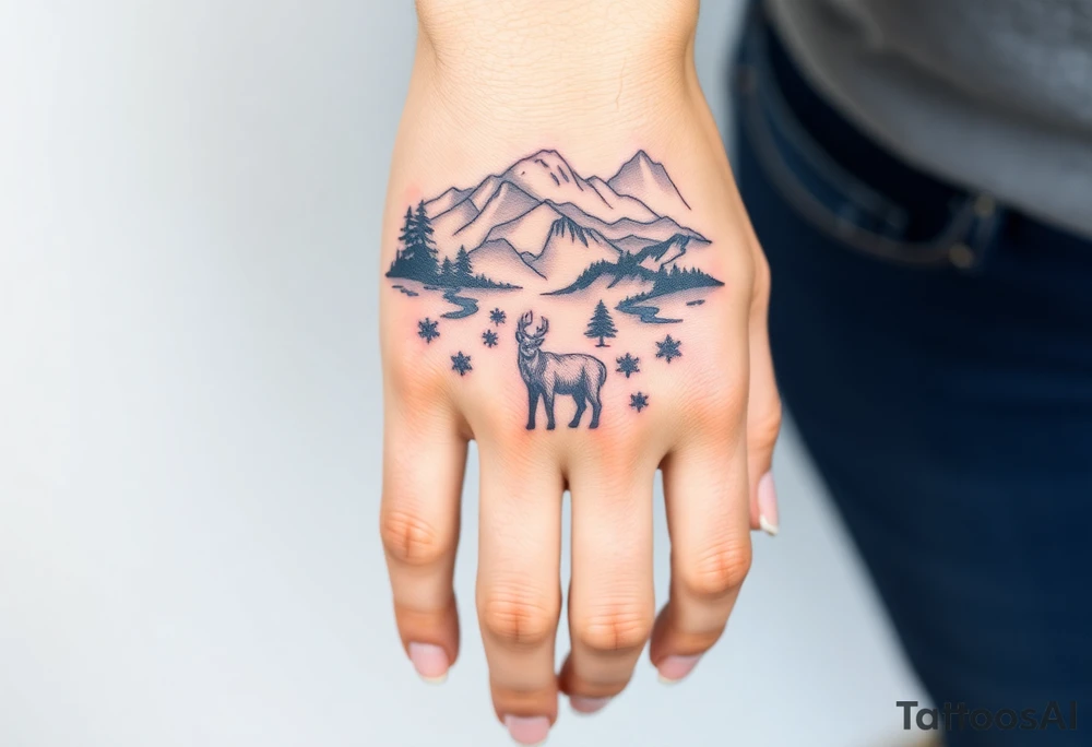 A full-sleeve with the Härjedalen landscape, reindeer, bear, lakes, mountains (Helags), tattoo idea