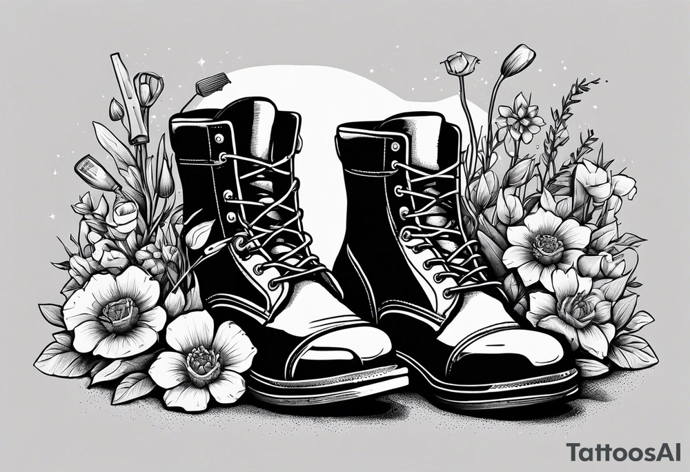 dads worn out work boots sitting with wrench, screwdriver & hammer and a beer around or near it and flowers growing out of the boots. tattoo idea