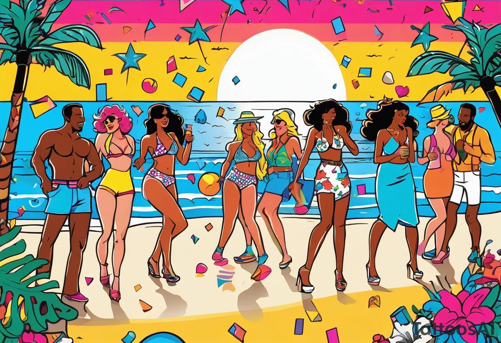 1980's miami vice style beach dance 
party, include confetti, music notes, boom box, bikinis sunset in the center tattoo idea